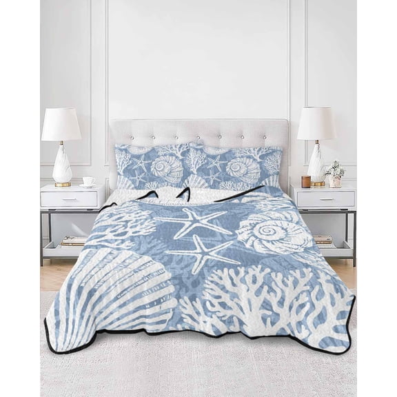 Quilts Queen Size, Lake Blue Starfish Coastal Soft Comforter Bedding Set for Bed, Summer Coral Shell Beach Nautical Lightweight Quilted Bedspread with Pillow Cover(2 Pieces) All Season, 90x96 Inch