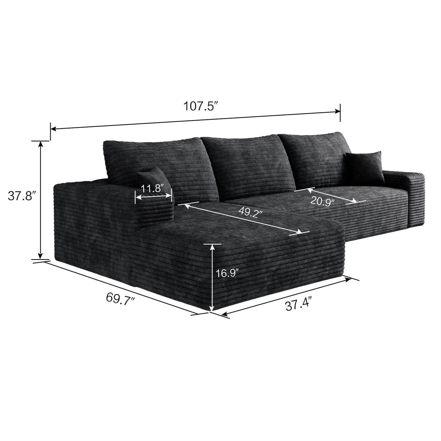 Demi Bonn 107" Modern Cloud Sectional Sofa with L-Shape Chaise, Deep Seat Upholstered Couch for Living Room & Bedroom, No Assembly Needed, Black