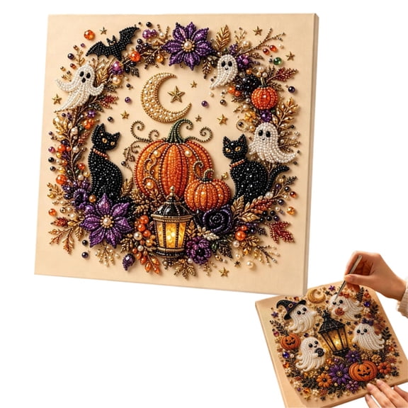 Halloween Ghost Pearl Art DIY Kit, Ghost Diamond Painting Craft Kit with Crystal Pearl Beads, Cute Ghost Diamond Art for Adults & Kids, Halloween Home Wall Decor, Fall DIY Gift(B#005)