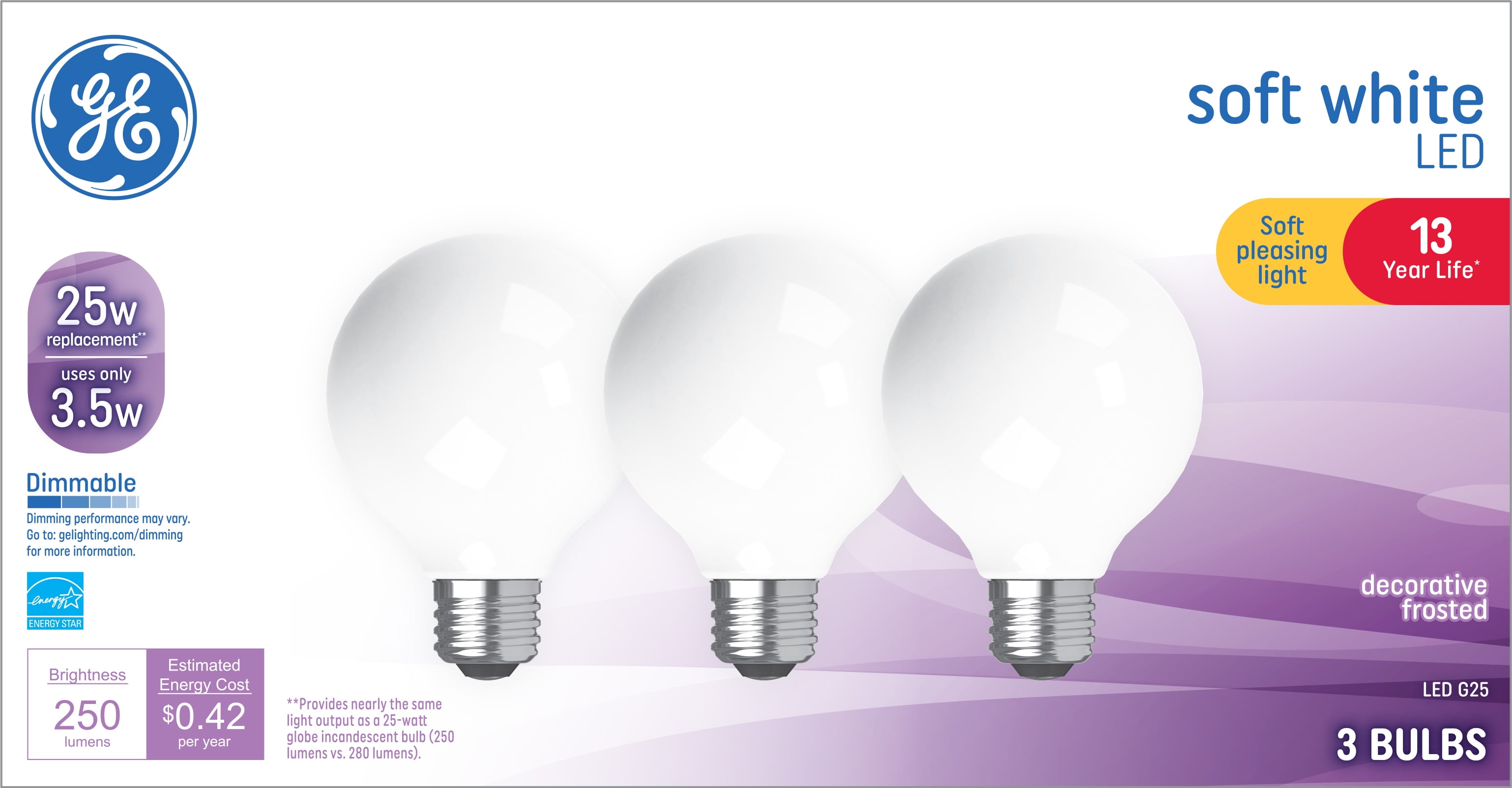 GE Soft White LED Globe Light Bulbs, 25 Watt Eqv, G25 Globe Bulbs, Medium Base, 13 year, 3pk