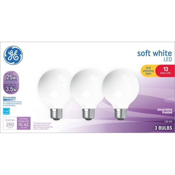 GE Soft White LED Light 25 Watt G25 Globe Bulbs, Medium 13 year, 3pk - Walmart.com