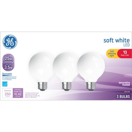 

GE Soft White LED Globe Light Bulbs 25 Watt Eqv G25 Globe Bulbs Medium Base 13 year 3pk
