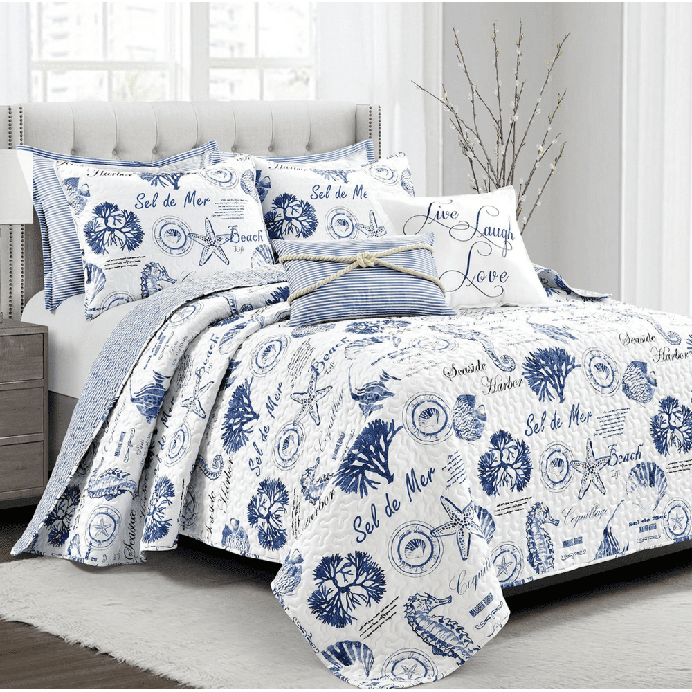 Coastal Blue Seashells Nautical Full/Queen Reversible Quilt Set (7