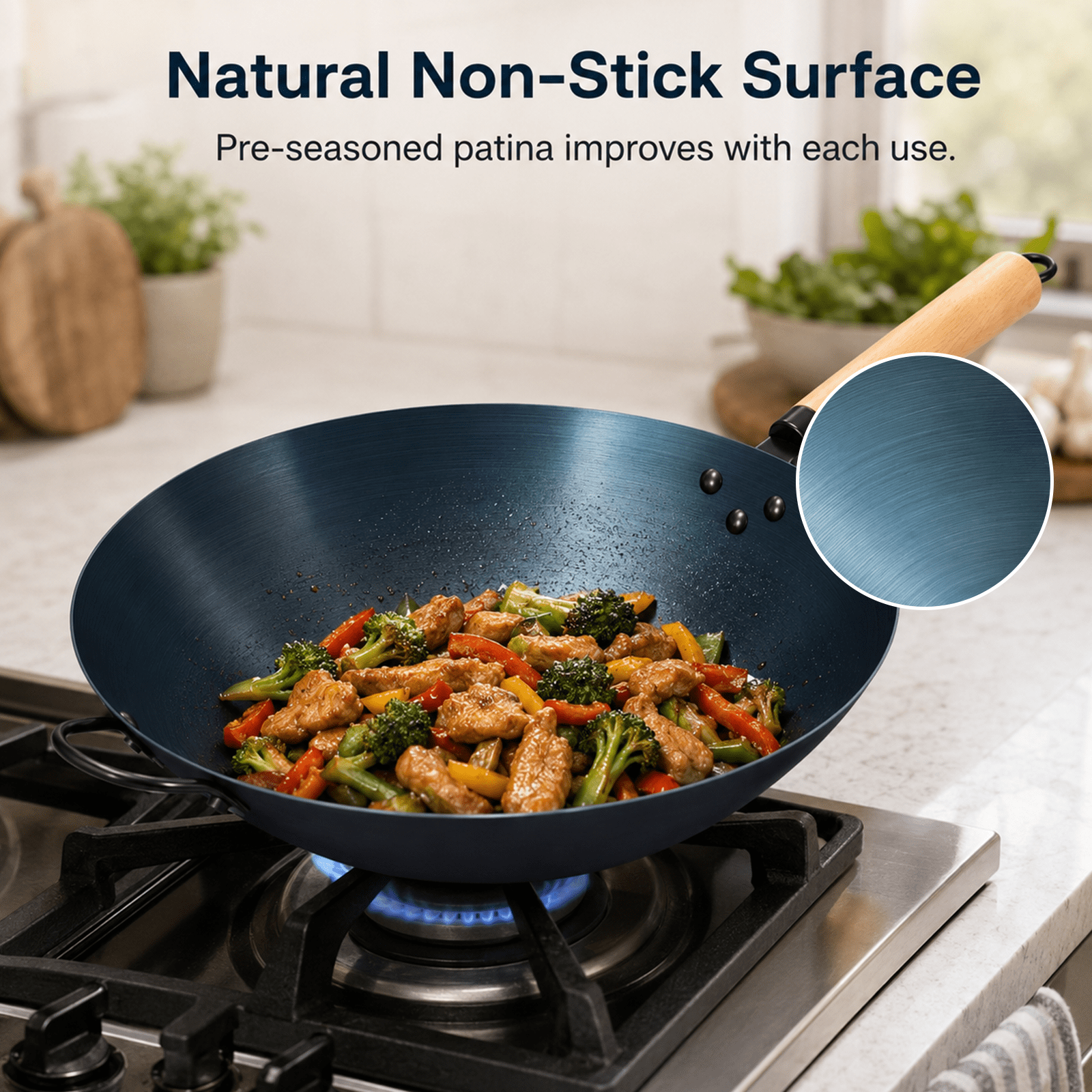 Alvantor 13.8" Carbon Steel Wok Pan, Pre-Seasoned Flat Bottom Pow Wok for Family Meals and Camping, No Chemical Coating, Compatible with Induction, Electric, Gas, Open Fire