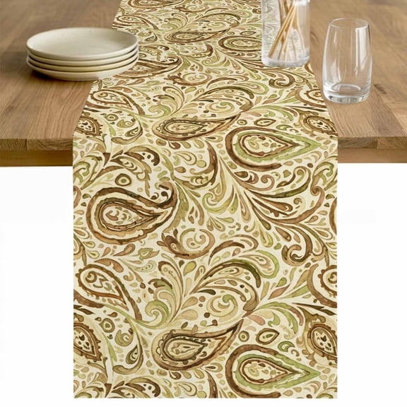 Beige Brown Green Table Runner - 60 Inch Long Retro Botanical Abstract Art Cotton and Linen Blended Dress Scarves Farmhouse Table Runner for Kitchen Dining, Coffee Table, 13" x 60"
