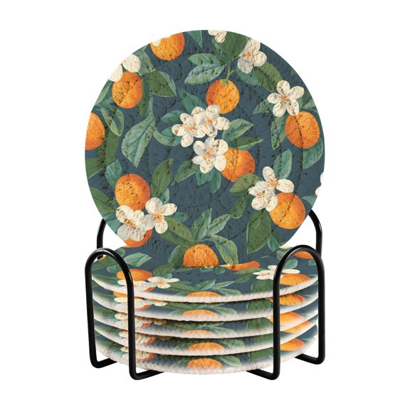 Yayeee 6 PCS Drink Coasters with Holder Set Woven Absorbent Round Tabletop Hot Pad, Orange Fruit