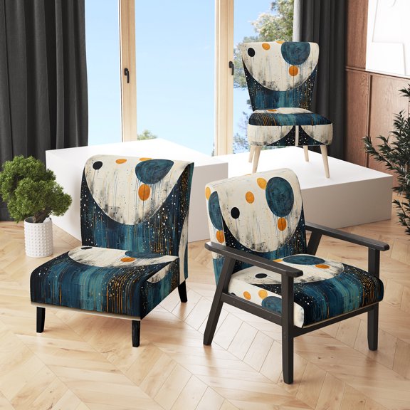 Designart "Blue Yellow Mid Century Minimalist Rain II" Teal Abstract Collages Upholstered Accent Chair - Modern Arm Chair For Living Room