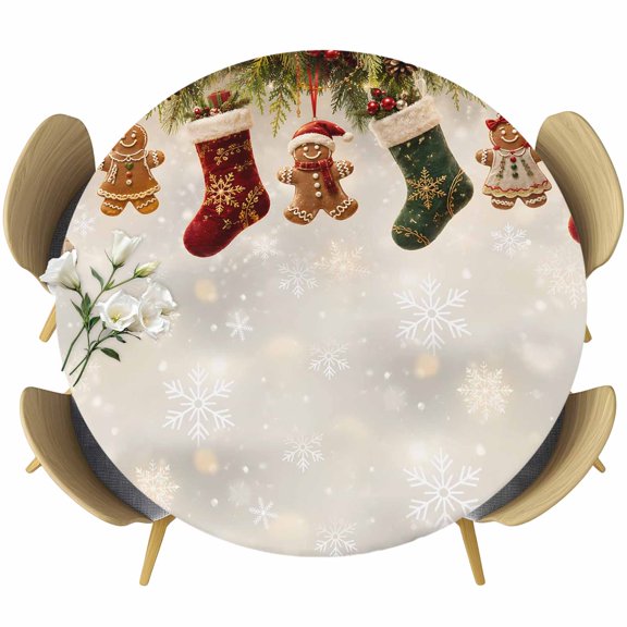 Round Fitted Tablecloth with Elastic Edge, Christmas Stockings Fir Needles Pine Cone Fitted Table Cloth for Round Tables 55-60in, Xmas Snowflake Waterproof Tablecloth for Outdoor Picnic Party
