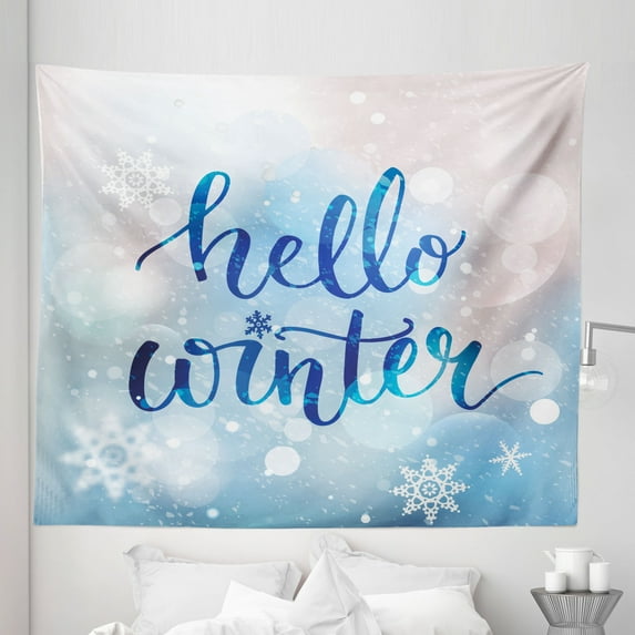 Winter Tapestry, Hello Winter Lettering on Abstract Blurry Snowflakes Bokeh Effect, Fabric Wall Hanging Decor for Bedroom Living Room Dorm, 5 Sizes, Blue Pale Pink White, by Ambesonne
