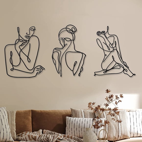 OUSITAID 3 Pcs Metal Wall Art Decor Black Metal Wall Art Single Line Art Drawing Minimalist Abstract Female Woman Modern Wall Sculptures Hanging Decor Accents for Bathroom Living Room Off