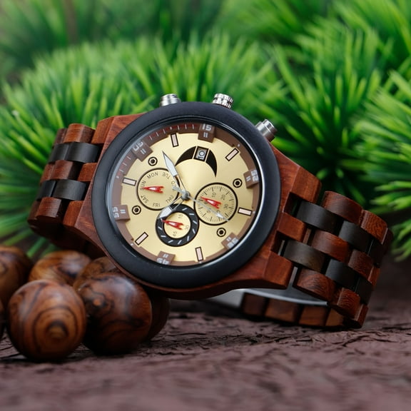 Elegant Men's Quartz Watch with Natural Red & Black Sandalwood - Multifunctional, Date/Stopwatch Features - Perfect Gift for Dad, Son, Boyfriend,Redwood And Black Ebony