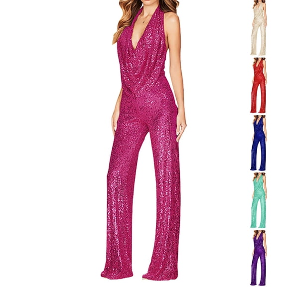 Women's Sequin Jumpsuit, Cowl Neck Halter Backless Romper, Sleeveless Wide Leg Jumpsuit for Women, Glittery Party Wear, Club Outfit, Prom Dress, Date Night and Special Occasions-Beige