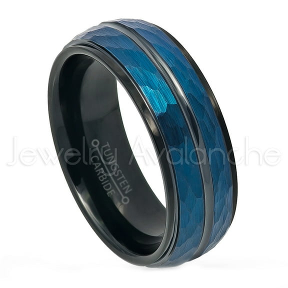 2-Tone Hammered Finish Tungsten Ring - 8mm Blue & Black IP Comfort Fit Tungsten Carbide Anniversary Ring