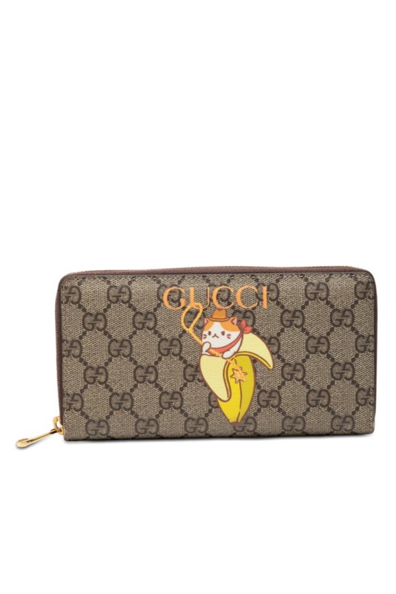 Pre-Owned Gucci GG Supreme Bananya Print Zippy Wallet Long 701060 Brown Yellow Leather Women's...