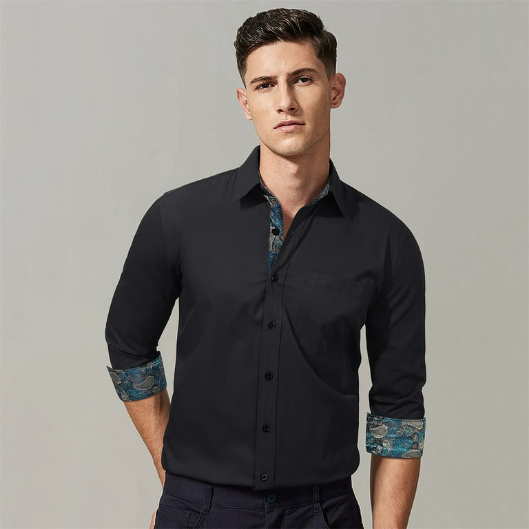 HISDERN Men Dress Shirts Casual Button Down Shirt Long Sleeve Formal  Business Shirt Light Blue Navy