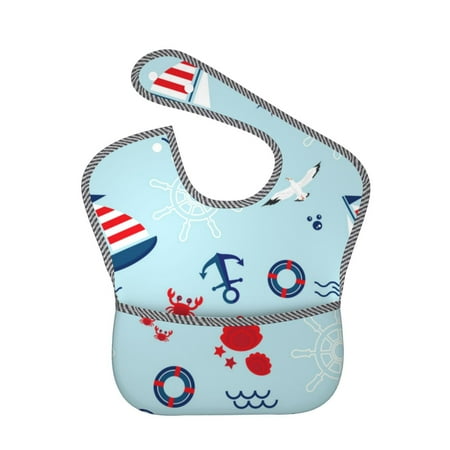 Bingfone Mess-Proof Baby Bib - Waterproof Bib For Baby Boy Or Girl With Food Catcher Pocket, Unisex-Sailboats Anchors