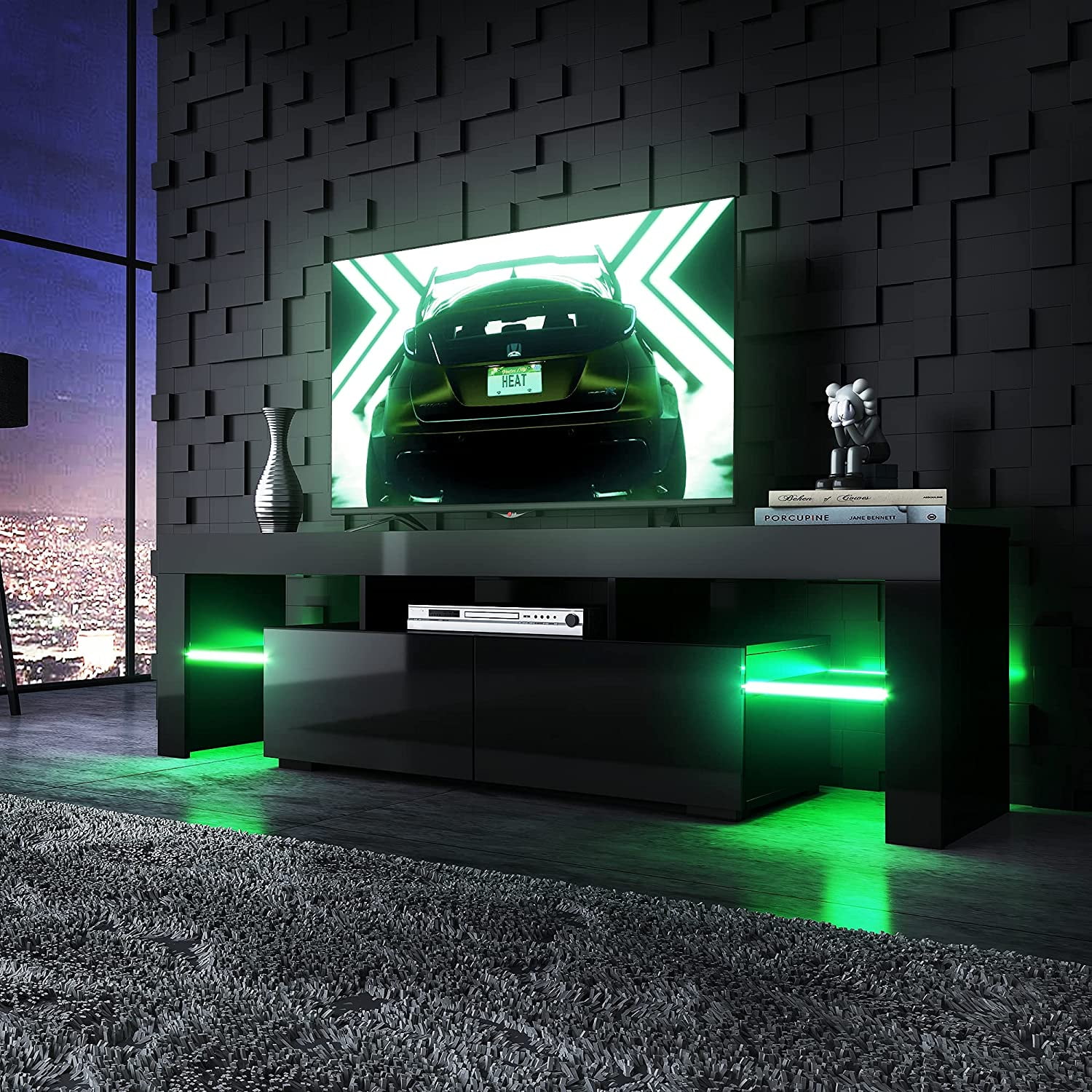 uhomepro TV Stand with LED Lights, 2 Drawers and Open Shelves High