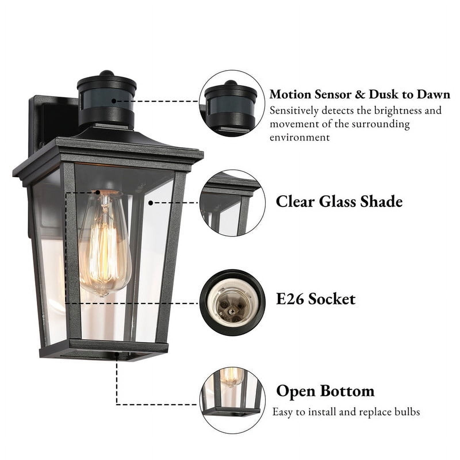 LNC Motion Sensor Outdoor Wall Light with Dusk to Dawn, Black Lantern Sconce for Entryway