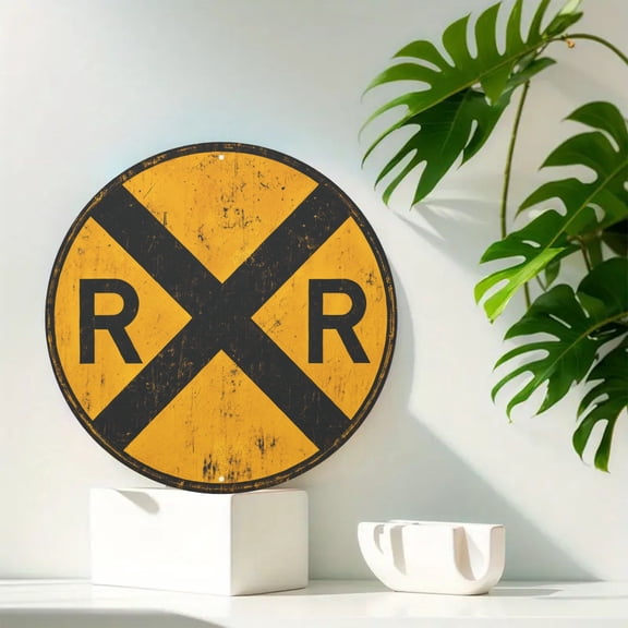 Railroad Crossing Vintage Industrial Round Metal Tin Sign For Workshop Wall Decor Round 8x8 Inch Round