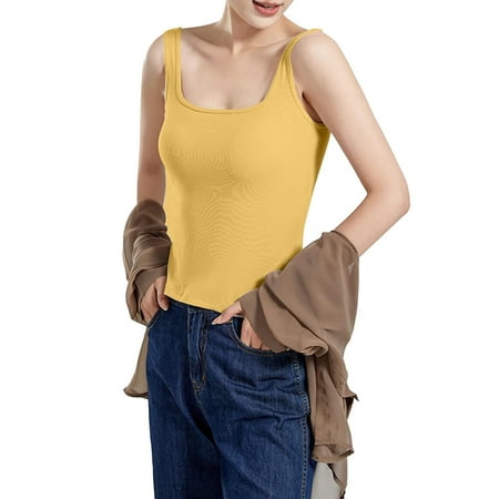 Lroveb Tank Top with Built in Bra for Women Solid Color Vest Chest Cushion Slim Fit Underwear U Neck Backless Base Shirt Threaded Black Inner Tank Tops