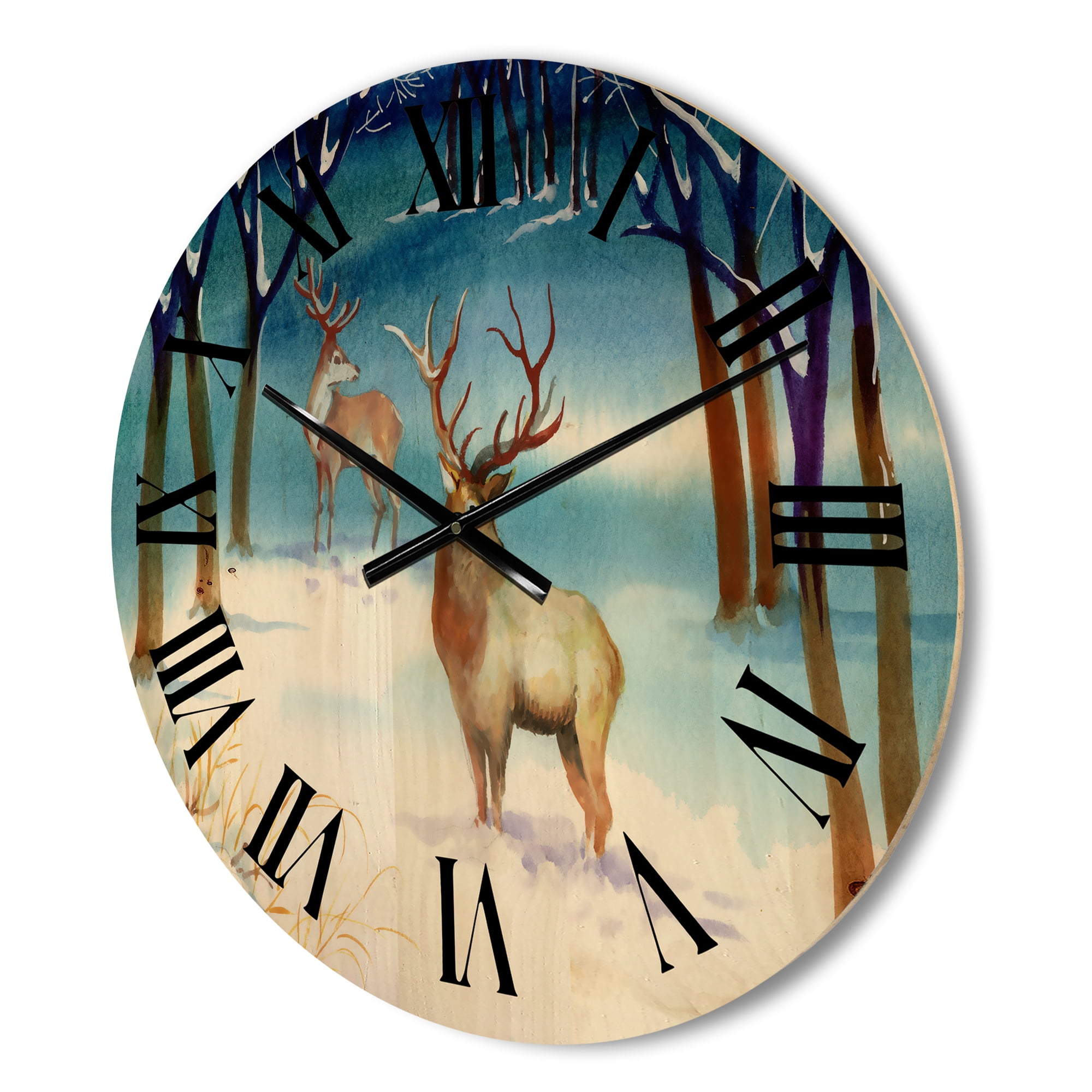 Designart 'Deers With Winter Landscape' Traditional Wood Wall Clock