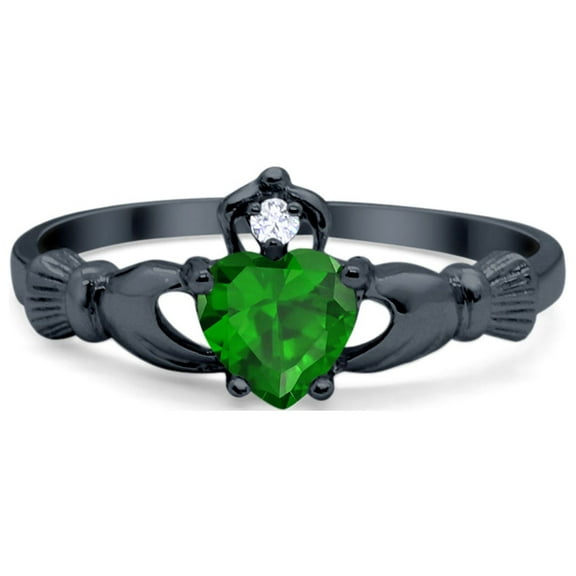 Blue Apple Jewelry Co. Claddagh Heart Promise Ring Simulated Green Emerald Black Tone 925 Sterling Silver