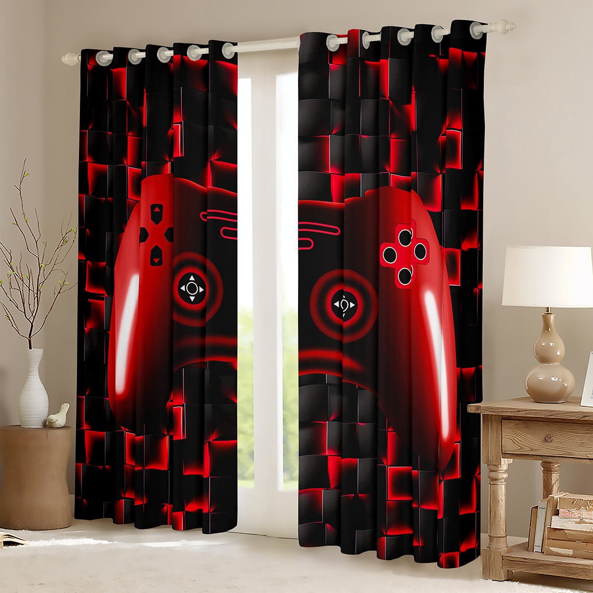 42"Wx63"L Gaming Window Curtains Room Red Game Console 3D Gamer 30%-50% Blackout Curtains Teen Geometric Gamepad Curtains & Drapes Bedroom Dorm Decor,Black