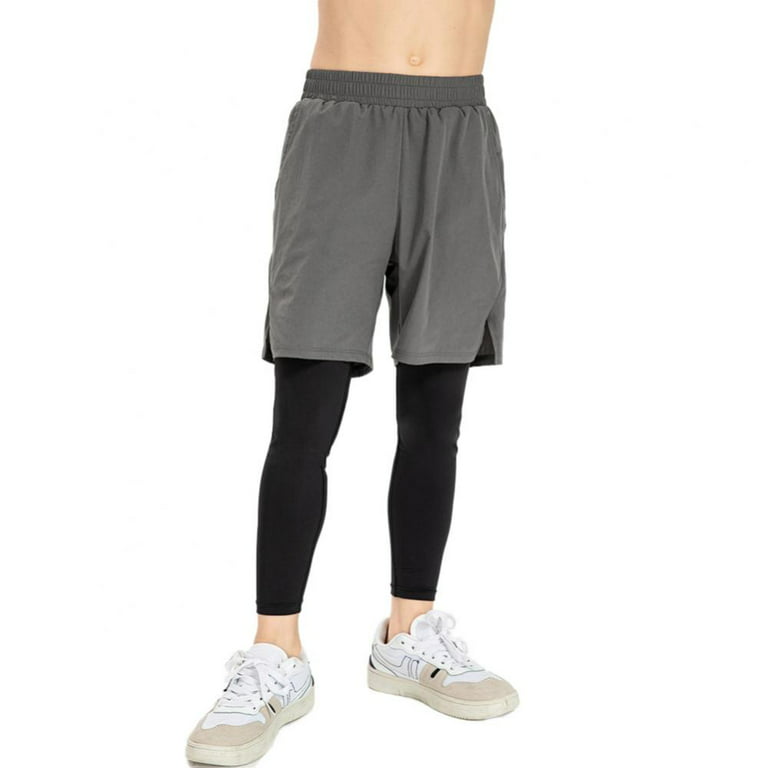 Xmarks Boy's 2 in 1 Sport Pants Shorts with Pockets Basketball Training Short  Compression Tights for Teen Kid Gray 6-7Y 