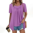 thumbnail image 3 of JTZGDY Summer Tunic Tops for Women to Hide Belly Fake Two Piece Short Sleeve Casual Solid Color V Neck Ruched Pleated T-Shirts Loose Flowy Layered Blouse for Leggings Purple L, 3 of 9