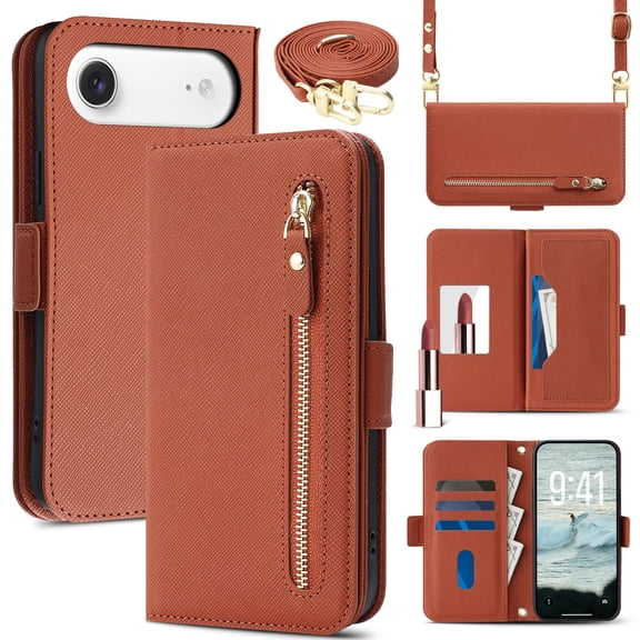 Lunvic for iPhone Air Wallet Case, Zipper Pocket, Card Slots, RFID Blocking, Crossbody Strap, Makeup Mirror, Brown