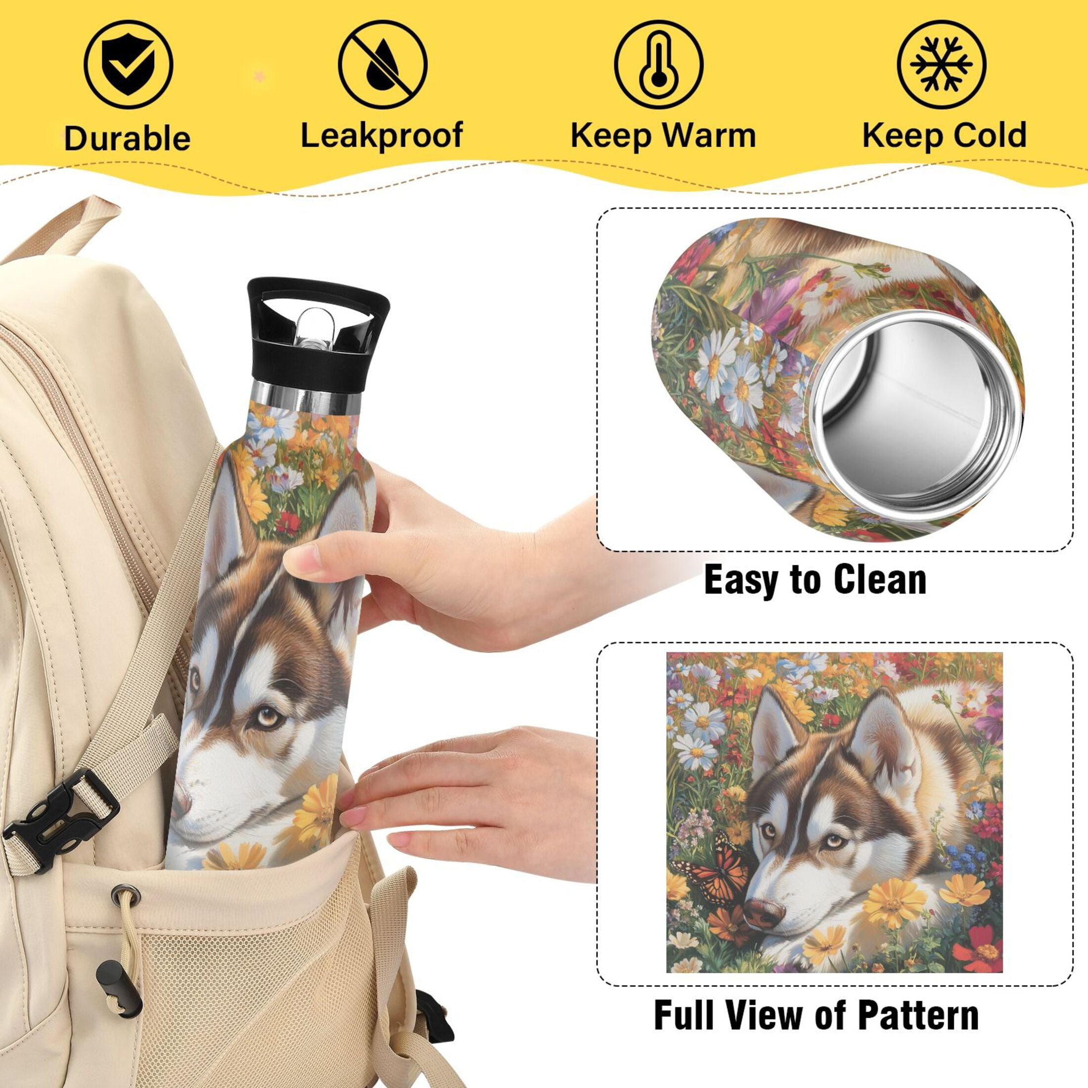600ML Stainless Steel Insulated Cup Sports Water Bottle Portable Thermos Cup Water Glasses Insulated Tumblers Convenient and Durable Garden Husky