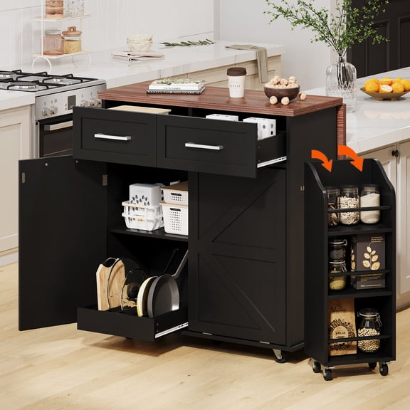 47.2" Farmhouse Kitchen Island with Drop Leaf, Kitchen Storage Island with Removable Side Racks, Two Drawers, Rolling Kitchen Cart on Wheels with Towel Rack, for Home, Kitchen, Dining Room, Black