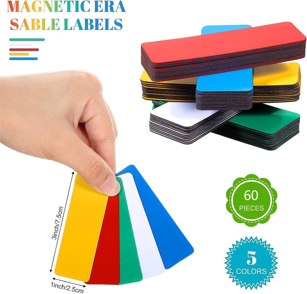 NOGIS 60 Pack Dry Erase Magnetic Labels Magnets Sticker Reusable Magnetic Name Tags Waterproof Magnetic Label Stickers for Classroom Office Whiteboard Fridge Cabinet Shelf, 5 Colors, 1 x 3 Inch