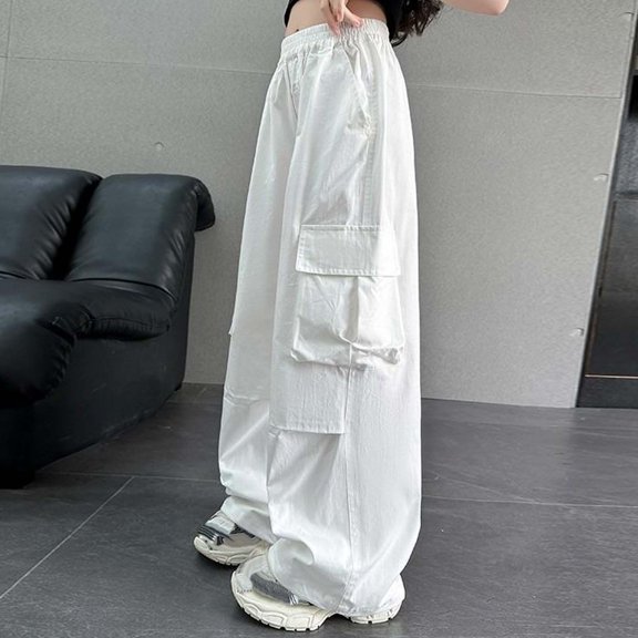 Girls Cargo Pants Casual Elastic Waist Baggy Cargo Pants Streetwear Pants White Pants for Kids, Size 6-16 Years