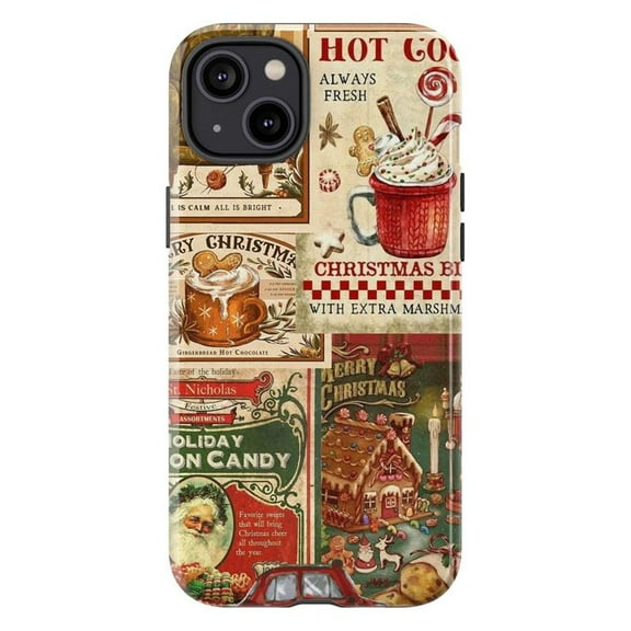 Retro Christmas Collage Phone Case, Hot Cocoa Gingerbread Holiday Vintage Print Protective iPhone Cover for iPhone 17 16 15 14 13 12 11 Pro Plus Mini