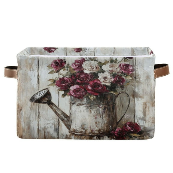 WOBOGO Burgundy Roses Square Storage Basket with Waterproof Canvas and PE Lining Durable PU Leather Handles 14.2×10.2×8.3in