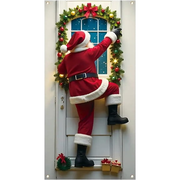 Funny Christmas Door Banner 71x35 Inch Climbing Santa Design - Upgraded Durable Fabric Material Holiday Door Cover Decoration