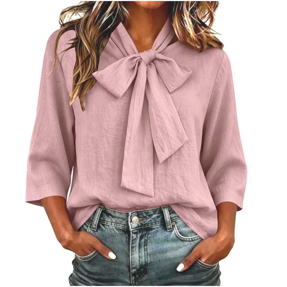 Sevevn Women's Bow Tie Neck 3/4 Sleeve Loose Dressy Elegant Business Work Blouse Casual Tops 2026