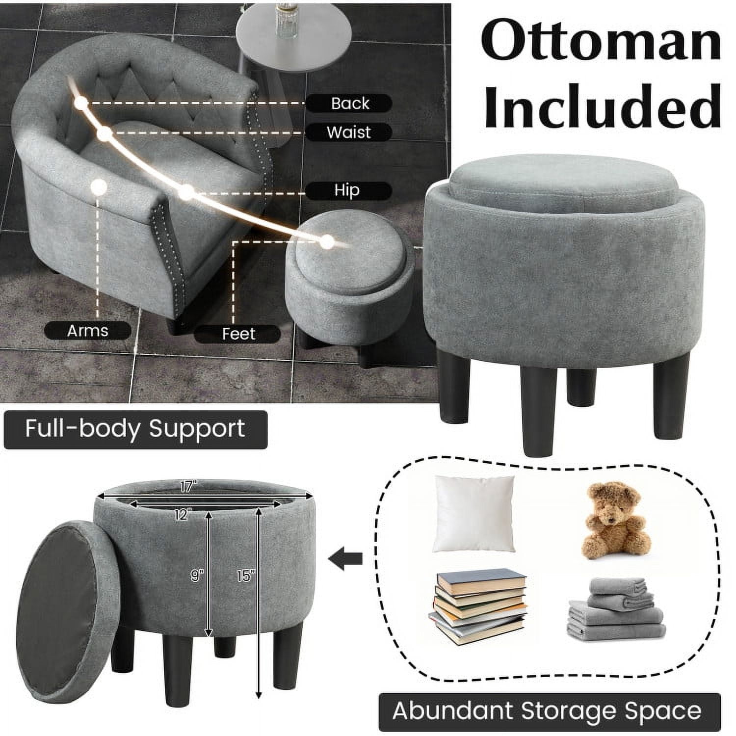 Finihen Accent Chair with Ottoman, Modern Accent Armchair with Ottoman, Armchair Barrel Sofa Chair and Footrest, for Living Room, Bedroom, Grey Finihen Accent Chair with Ottoman, Modern Accent Armchair with Ottoman, Armchair Barrel Sofa Chair and Footrest, for Living Room, Bedroom, Grey
