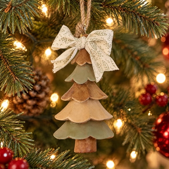 Brown Wood Tree with Bow Christmas Ornament, 4.8", by Holiday Time