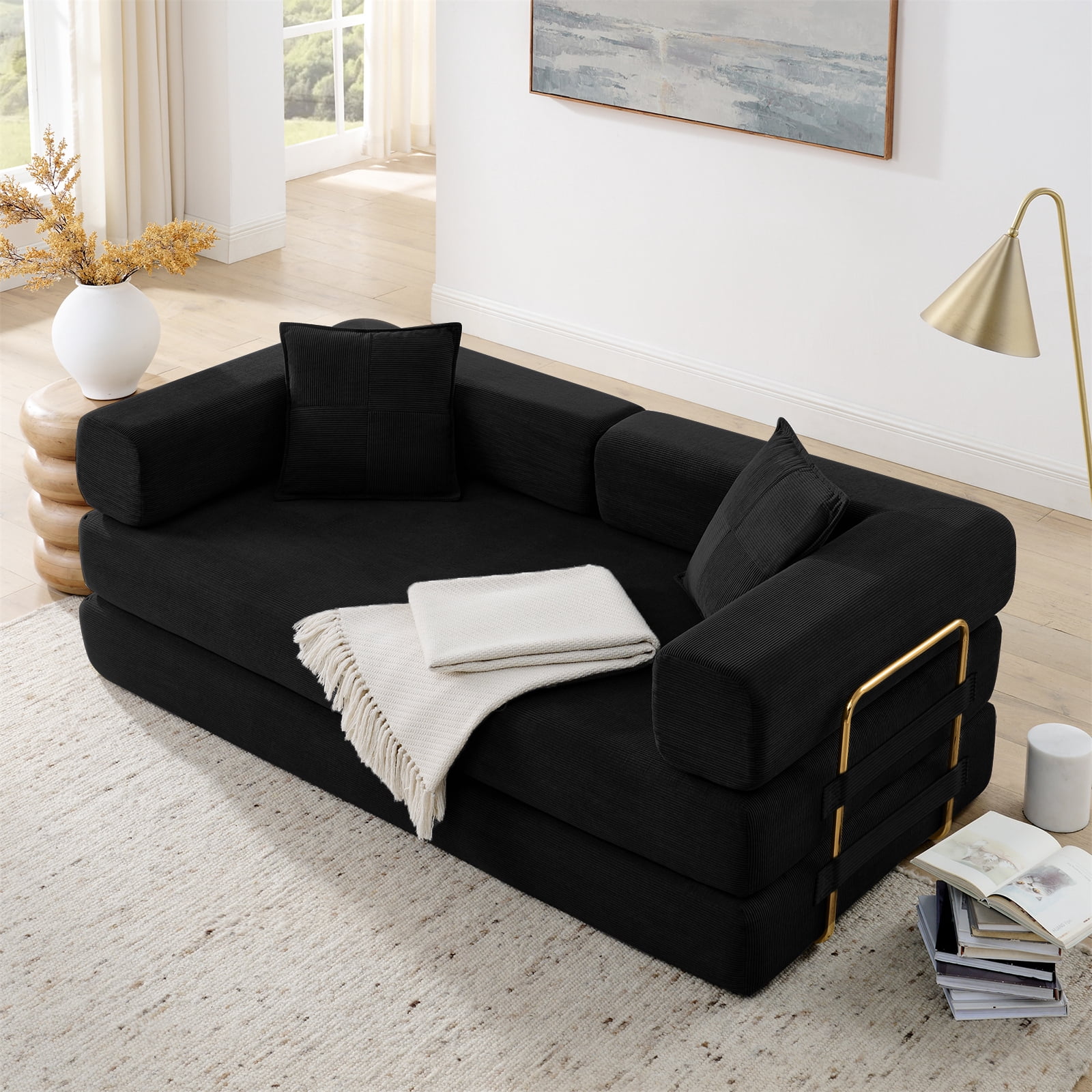 Lunale Boneless Cloud Couch, Convertible Floor Sofa Bed, Queen Size Pull Out Sleeper Sofa, No Assembly Required, Black Corduroy