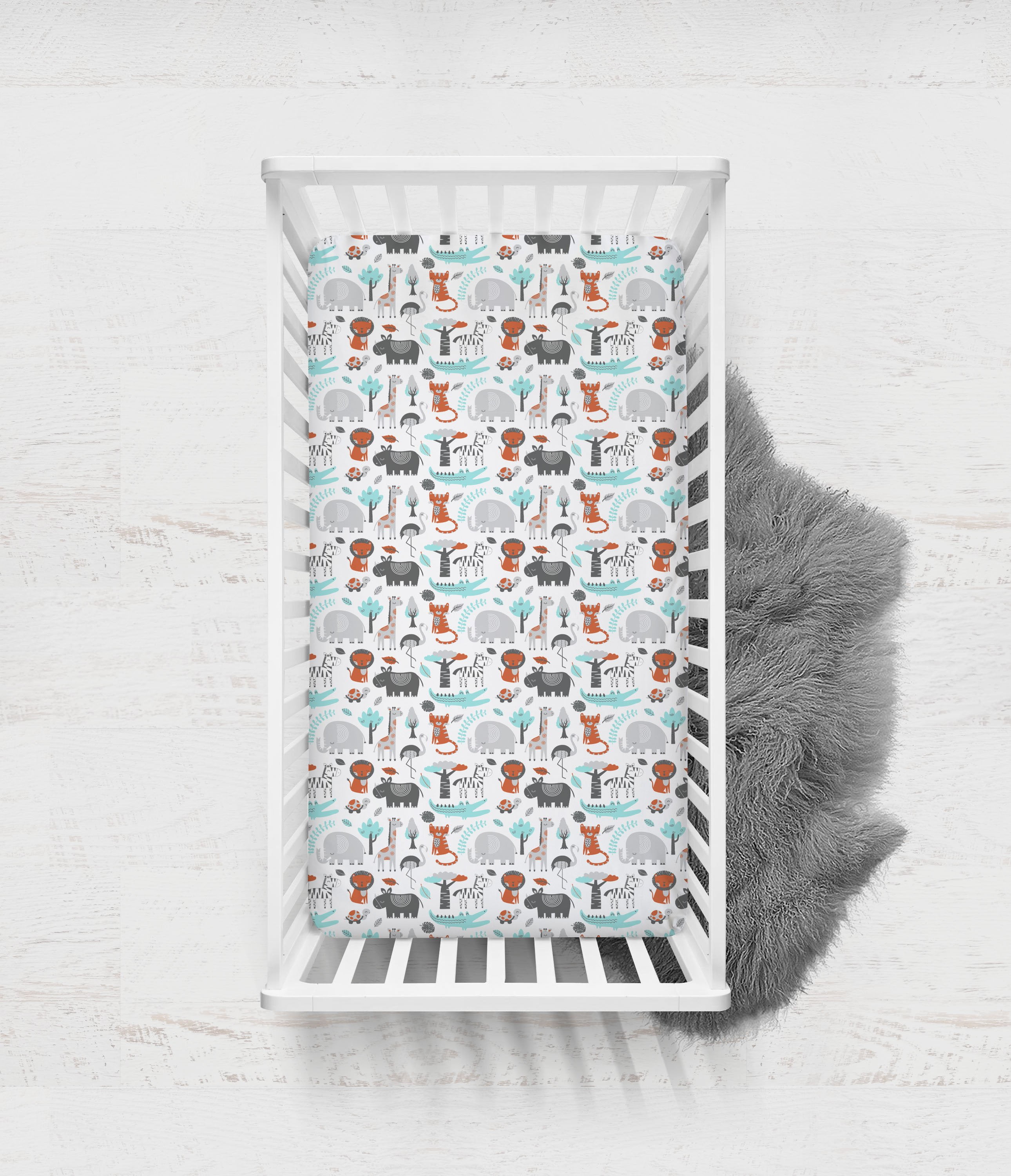 Crib or Toddler Bed Fitted Sheet 100% Cotton Percale, Safari Jungle Aqua/Orange/Grey