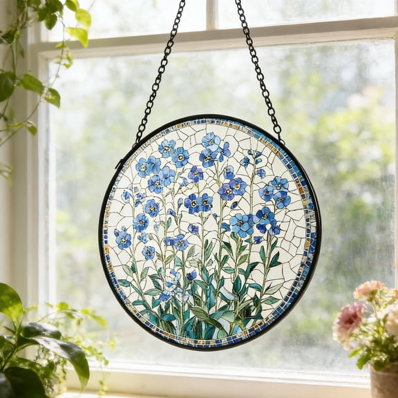 Round Stained Glass Suncatcher, 7.9" Blue Forget-Me-Not Flower Window Hanging, Floral Art Glass Ornament with Chain, for Home, Garden & Outdoor Decor