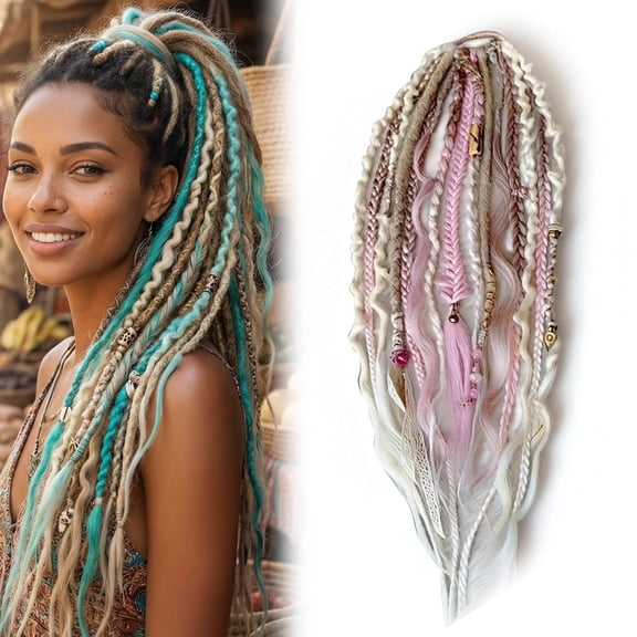 Elastic Dread Ponytail Extension, Boho Drea dlock Extensions Hair Braid Ponytail with Beads & Shells, Easy Install Hair Wrap for Parties, Travel & Daily Style for Women & Men