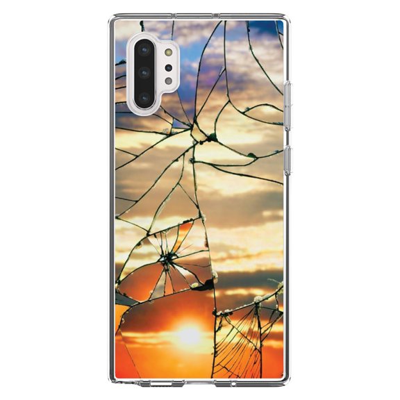 DistinctInk Clear Shockproof Hybrid Case for Galaxy Note 10 PLUS (6.8" Screen) - TPU Bumper, Acrylic Back, Tempered Glass Screen Protector - Shattered Glass Sunrise
