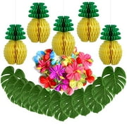Sorive 42 Pieces Hawaiian Tropical Party Decoration, 18 Pieces Tropical Faux Palm Leaves, 18 Pieces Artificial Hibiscus Flowers with 6 Pieces Tissue Pineapples