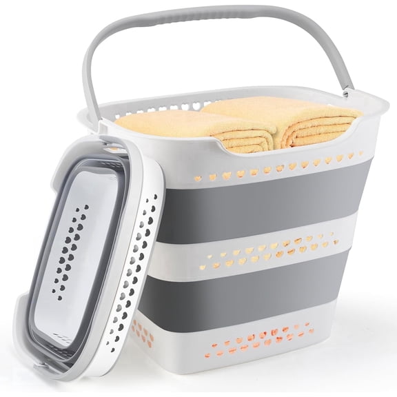 Collapsible Laundry Basket, Foldable Pop Up Laundry Hamper with Handles, Portable Plastic Clothes Hamper, Space Saving Laundry Organizer for Home, Dorm, RV (Grey)
