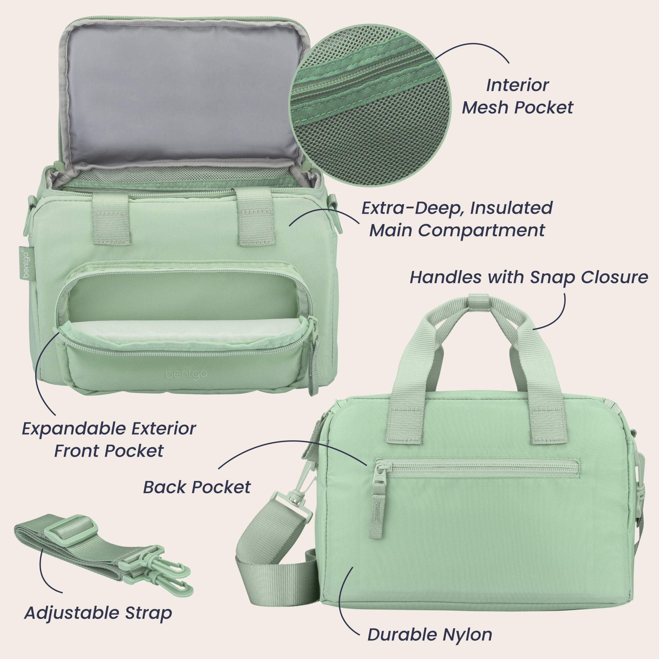 Bentgo Insulated Lunch Bag – Extra-Large Capacity Adult Lunch Bag with Shoulder Strap and External Storage Compartment, Durable, Lightweight, Ideal for Work, School, & Meals On the Go (Clay Green)