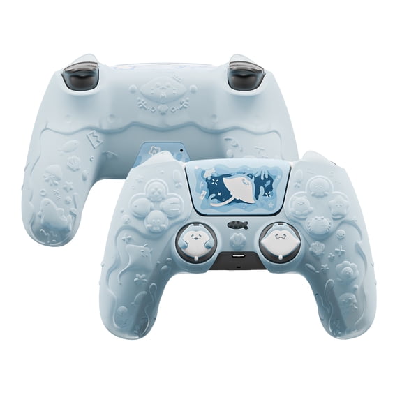 PlayVital Cute Ocean Whisper Series Semi-Clear Silicone Case for PS5 Controller with Thumb Grip & Sticker, Charging Station Compatible, Full Protection - Mint Blue