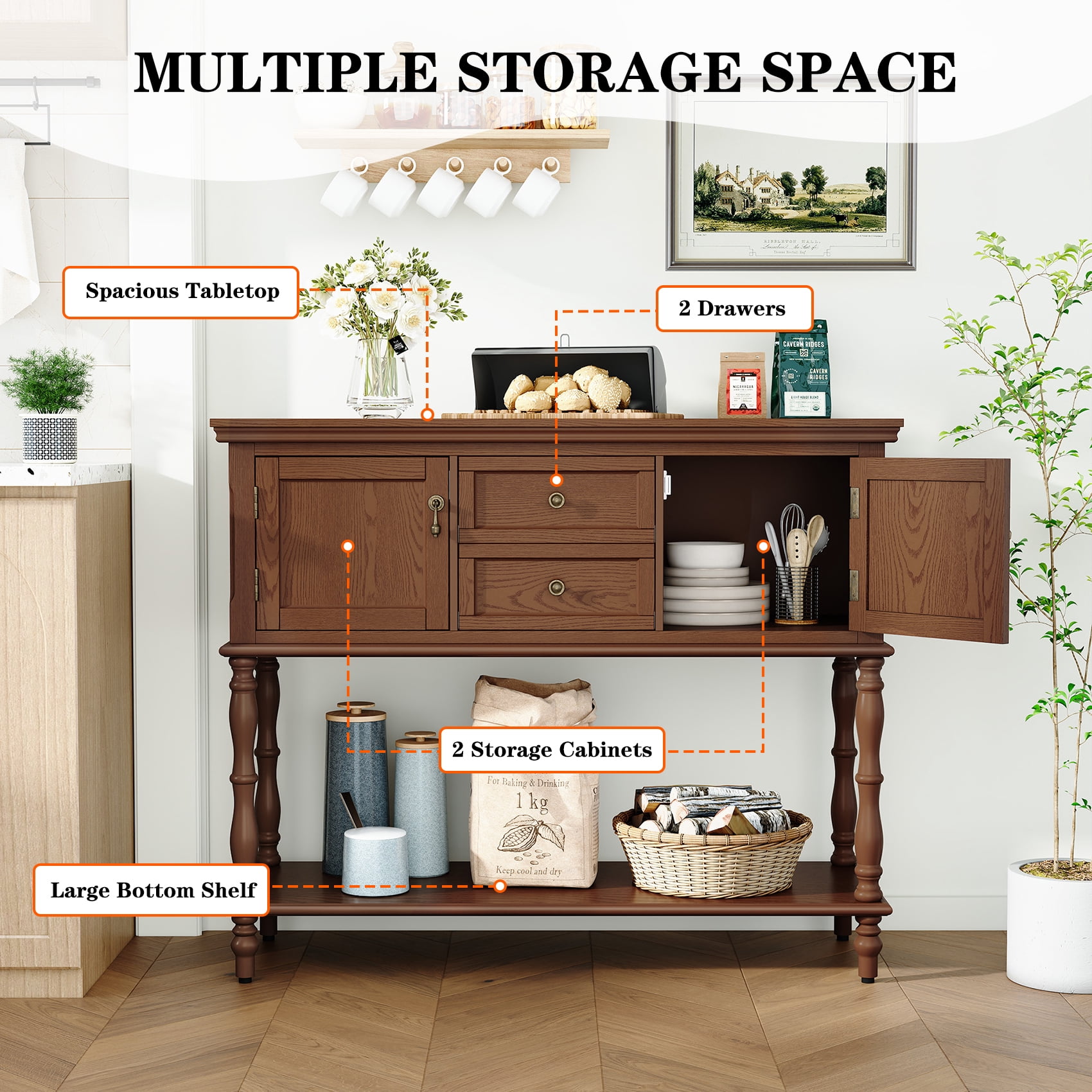 CBJCBJ 42'' Farmhouse Console Table , 2 Drawer Narrow Long Entryway Table with Open Storage Shelf , for Living Room,Brown